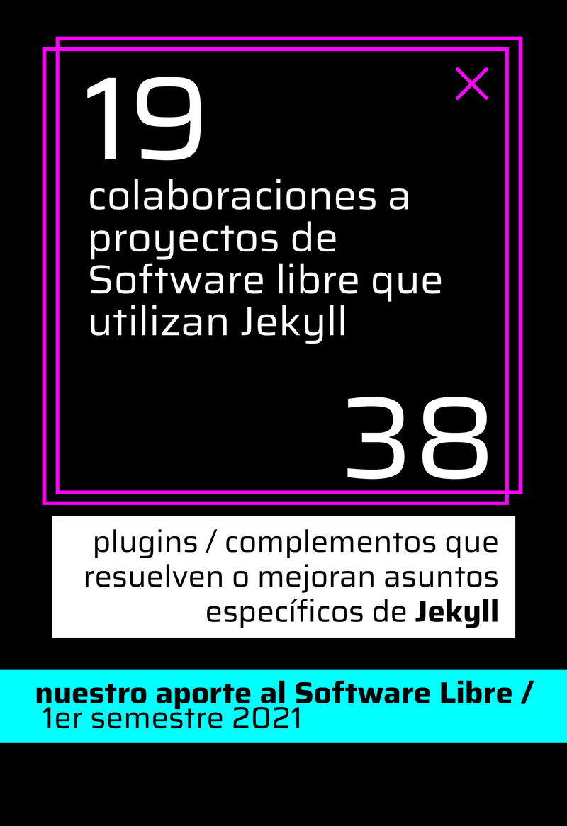 19 colaboraciones a proyectos de software libre que utilizan jekill. 38 plugins/complementos que resuelven o mejoran asuntos específicos de jekill. Nuestro aporte al Software Libre/ 1er semestre 2021